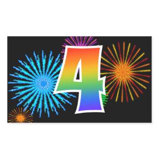 Fun Fireworks + Rainbow Pattern "4" Event Number Rectangular Sticker