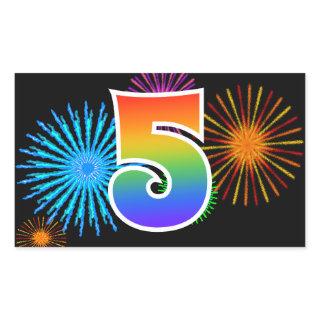 Fun Fireworks + Rainbow Pattern "5" Event Number Rectangular Sticker