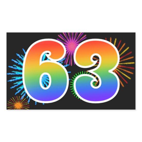Fun Fireworks + Rainbow Pattern "63" Event Number Rectangular Sticker
