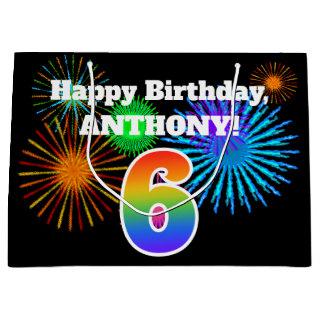 Fun Fireworks + Rainbow Pattern "6" Birthday # Large Gift Bag
