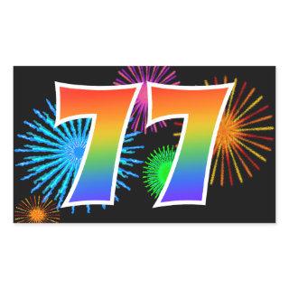 Fun Fireworks + Rainbow Pattern "77" Event Number Rectangular Sticker