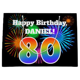 Fun Fireworks + Rainbow Pattern "80" Birthday # Large Gift Bag