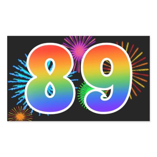 Fun Fireworks + Rainbow Pattern "89" Event Number Rectangular Sticker