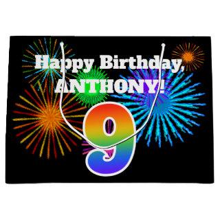 Fun Fireworks + Rainbow Pattern "9" Birthday # Large Gift Bag