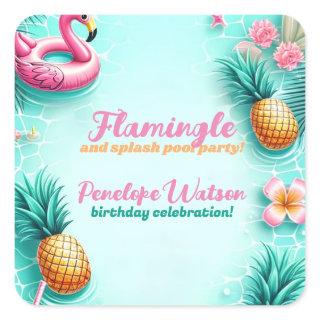 Fun Flamingo and Pineapple Summer Pool Party Square Sticker