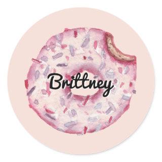 Fun Girly Pink Sprinkles Custom Name Donut Party Classic Round Sticker