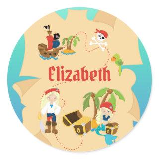 Fun Personalized Pirate Girl Treasure Map Classic Round Sticker