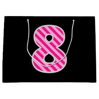 Fun Pink Striped "8"; Happy 8th Birthday; Name Large Gift Bag