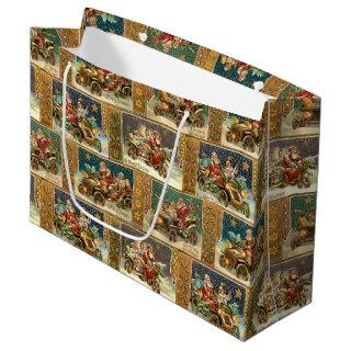 Fun Vintage Santa in Roadsters and Motorcycles Large Gift Bag
