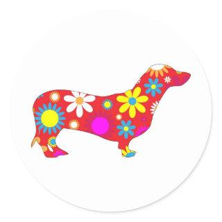 Funky floral dachshund dog stickers, gift classic round sticker