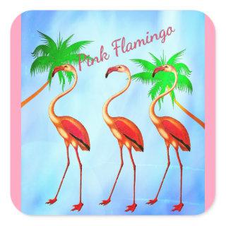 Funky Pink Flamingos Palm Trees Blue Sky Square Sticker
