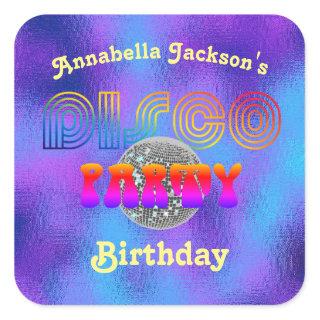 Funky Rainbow Disco Party on Purple Foil Square Sticker