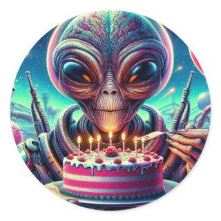 Funny Alien Themed Birthday Party  Classic Round Sticker