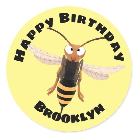 Funny angry hornet wasp cartoon illustration class classic round sticker