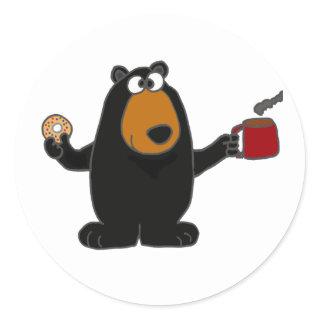 Funny Black Bear Eating Donut and Drinking Coffee Classic Round Sticker