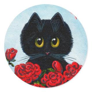 Funny Black Cat Art Roses Creationarts Classic Round Sticker