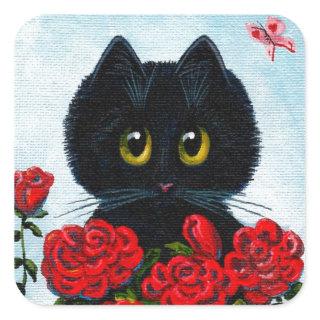 Funny Black Cat Art Roses Creationarts Square Sticker