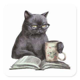 Funny Black Cat Book Lover Bookworm Coffee Reading Square Sticker