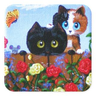 Funny Black Cat Calico Butterfly Creationarts Square Sticker