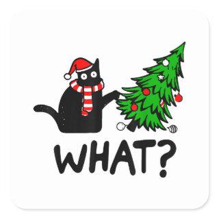Funny Black Cat Gift Pushing Christmas Tree Over C Square Sticker