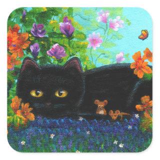 Funny Black Cat Mice Flowers Creationarts Square Sticker