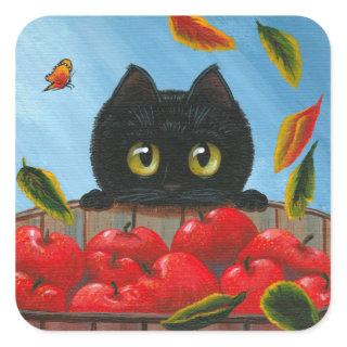 Funny Black Cat Red Apples Creationarts Square Sticker