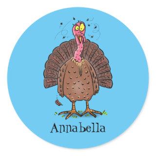 Funny brown farmyard turkey with flies cartoon classic round sticker