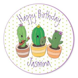 Funny cactus trio cartoon illustration classic round sticker
