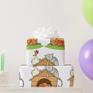 Funny Cartoon Dog Cat and Chicken on Doghouse