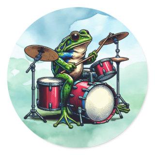 Funny Cartoon Frog Playing the Drums Classic Round Sticker