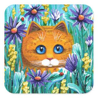 Funny Cat Art Orange Tabby Flowers Creationarts Square Sticker