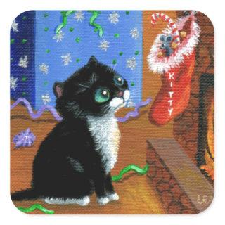 Funny Cat Christmas Tuxedo Kitten Mouse Square Sticker