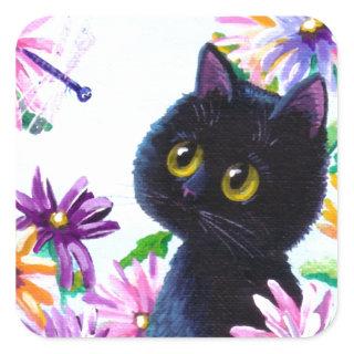 Funny Cat Dragonfly Daisies Creationarts Square Sticker