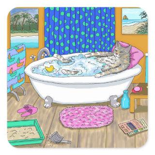 Funny Cat in Bath 665 Square Sticker