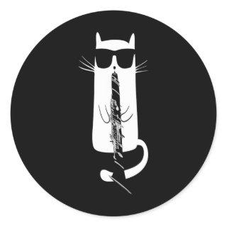 Funny Cat Wearing Sungles Playing Clarinet  Classic Round Sticker