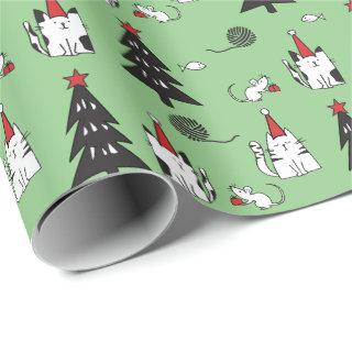 Funny Cats Christmas pattern green