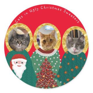 Funny Cats Customized Ugly Christmas Sweaters Classic Round Sticker
