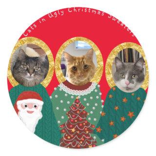 Funny Cats Customized Ugly Christmas Sweaters Classic Round Sticker