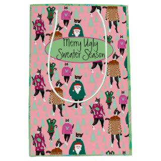 Funny Cats in Ugly Christmas Sweaters pink Medium Gift Bag