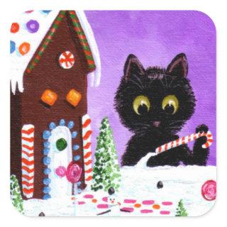 Funny Christmas Cat Gingerbread House Creationarts Square Sticker