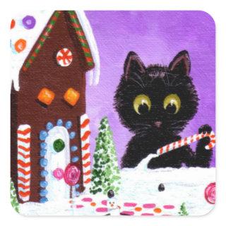 Funny Christmas Cat Gingerbread House Creationarts Square Sticker