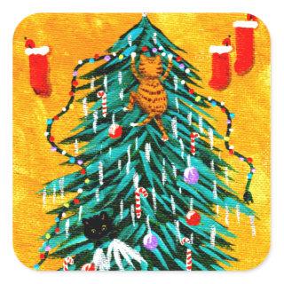 Funny Christmas Cats Tree  Creationarts Square Sticker