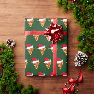 Funny Christmas Pizza Slices in Santa Hats Green
