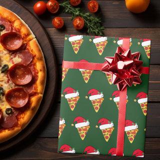 Funny Christmas Pizza Slices in Santa Hats Green