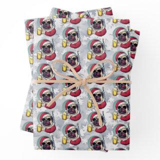 Funny Christmas Santa Pug Having a Cool Beer  Sheets