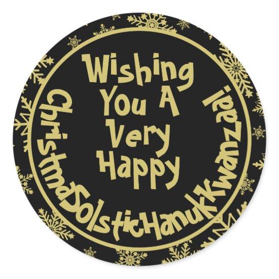 Funny Christmas Solstice Hanukkah Kwanzaa Black Classic Round Sticker
