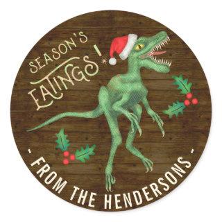 Funny Christmas Velociraptor Dinosaur Custom Text Classic Round Sticker