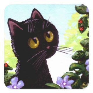 Funny Cute Black Cat Art Ladybug Creationarts Square Sticker