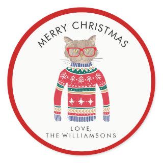 Funny Cute Cat Wearing Ugly Christmas Sweater Classic Round Sticker