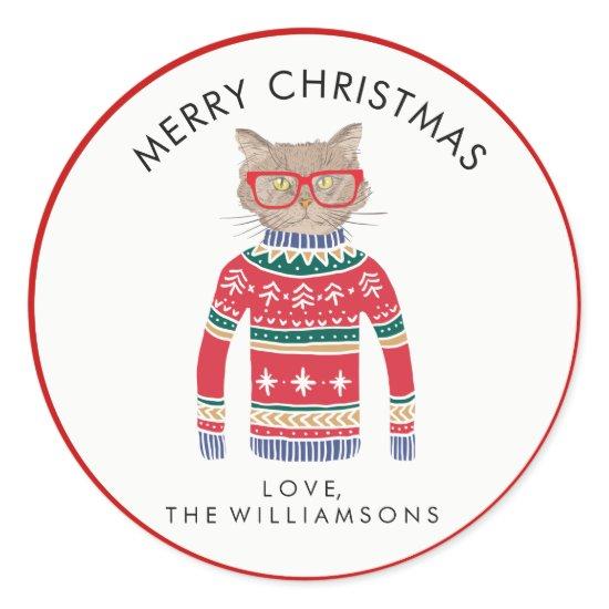 Funny Cute Cat Wearing Ugly Christmas Sweater Classic Round Sticker